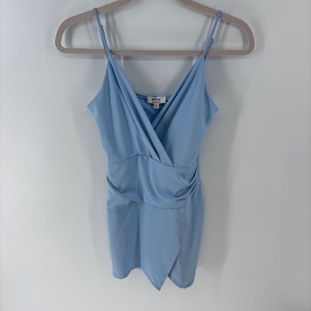Privy Women's Blue Ruched Deep V Neck Sleeveless Bodycon Tank Dress Size Medium